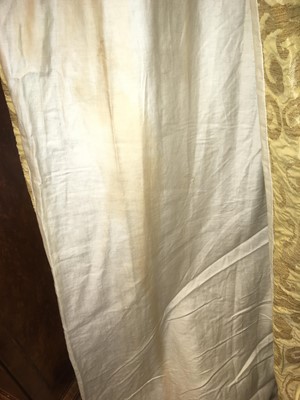 Lot 143 - Two pairs of brocaded yellow silk interlined curtains