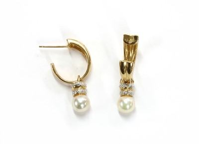 Lot 218 - A pair of 14ct gold cultured pearl and diamond earrings