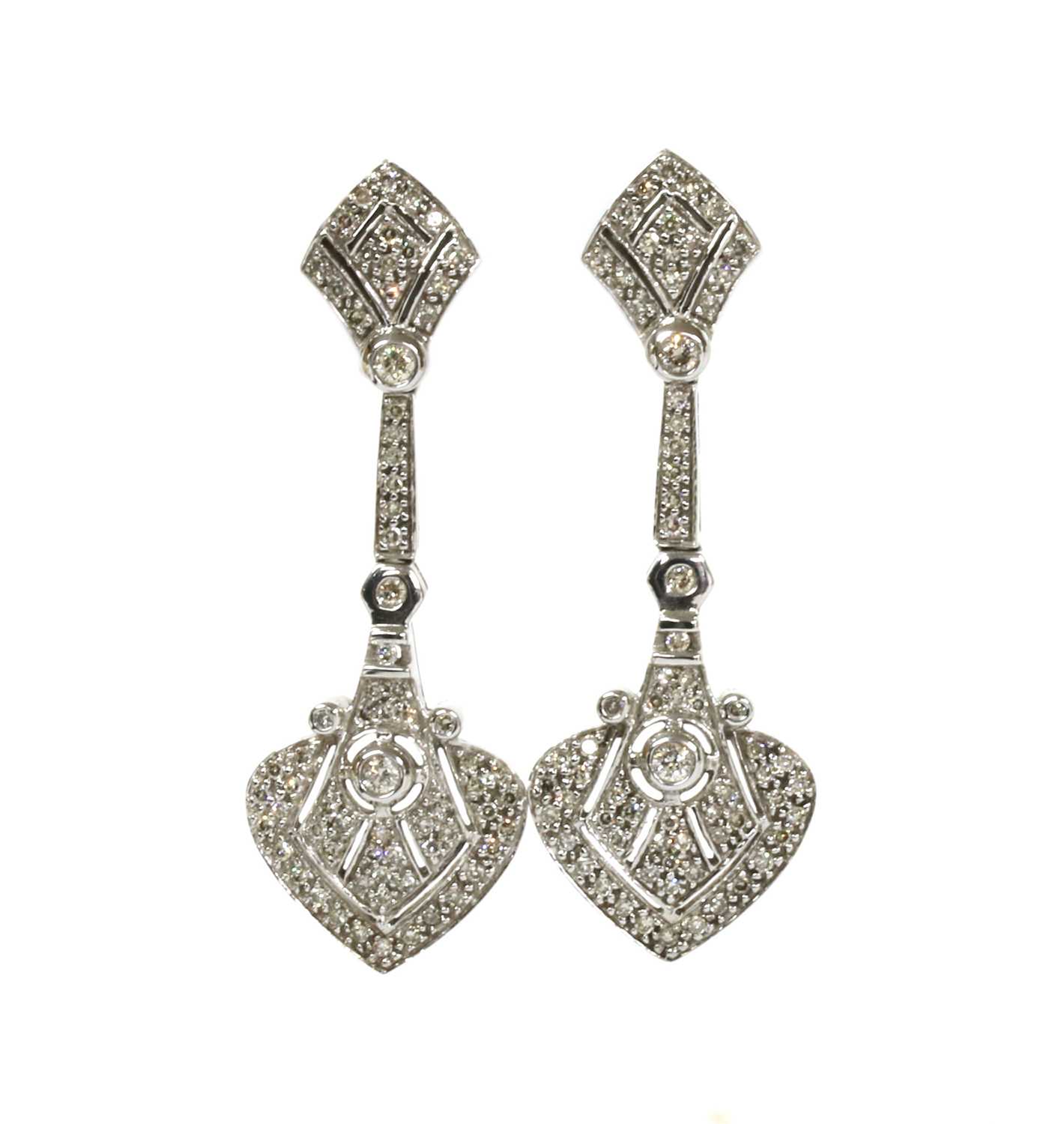 Lot 120 - A pair of Art Deco-style 9ct white gold diamond drop earrings