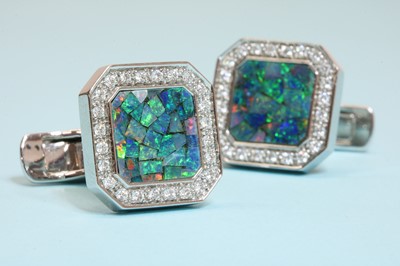 Lot 341 - A pair of 18ct white gold opal mosaic and diamond cufflinks