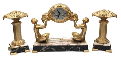 Lot 237 - A French marble and painted spelter clock garniture