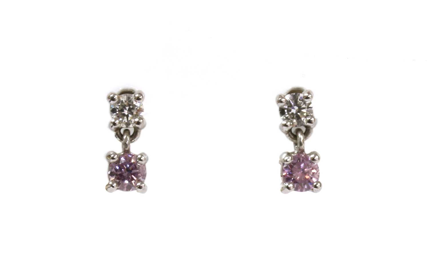 Lot 127 - A pair of 18ct white gold pink and white diamond drop earrings