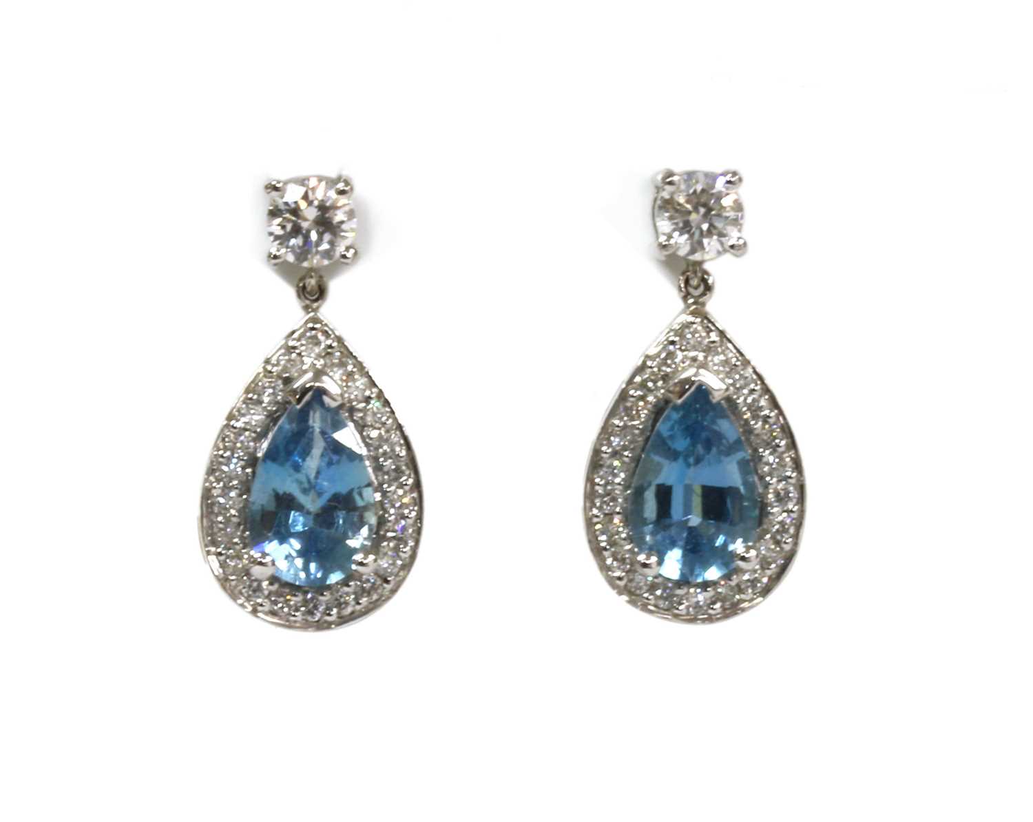 Lot 169 - A pair of 18ct white gold aquamarine and diamond drop earrings