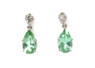 Lot 206 - A pair of white gold tourmaline and diamond drop earrings