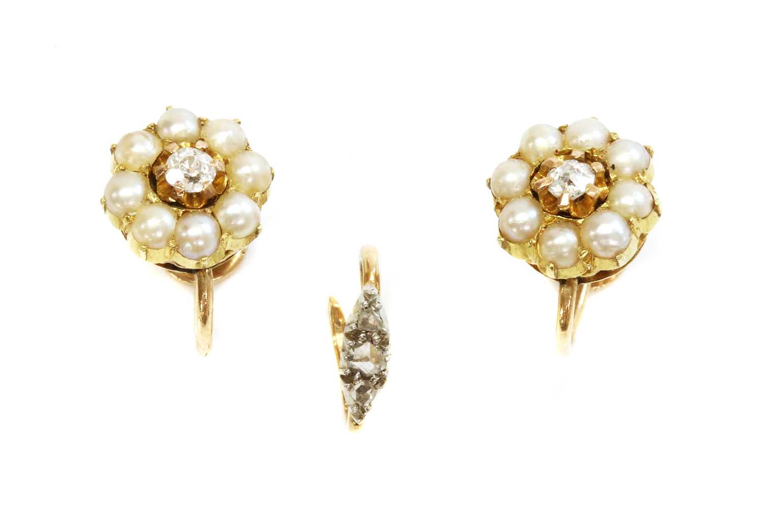 Lot 103 - A pair of diamond and split pearl cluster earrings, c.1900