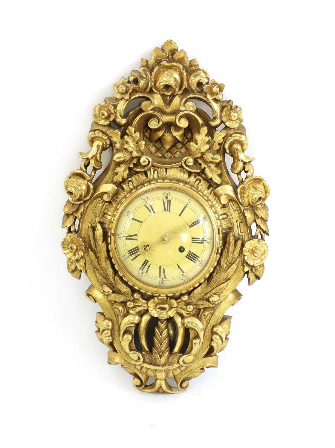 Lot 325 - A Swedish carved wood and gilt cartel wall clock