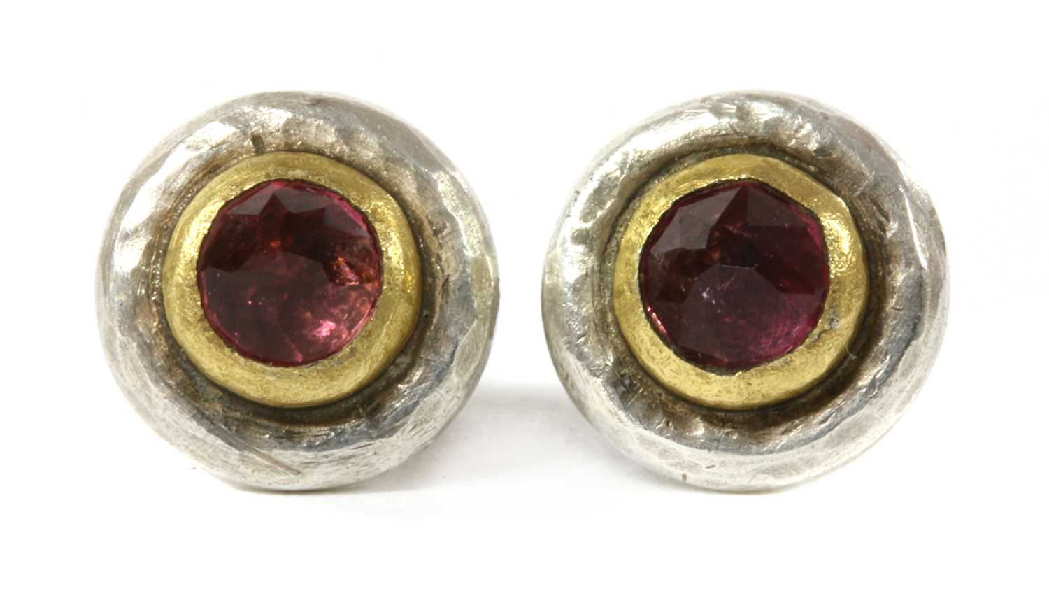 Lot 153 - A pair of silver and gold, pink tourmaline earrings, by Poppy Dandiya