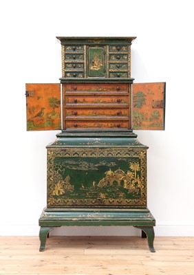 Lot 86 - A Northern European green-lacquered and japanned cabinet on stand