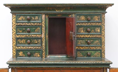 Lot 86 - A Northern European green-lacquered and japanned cabinet on stand
