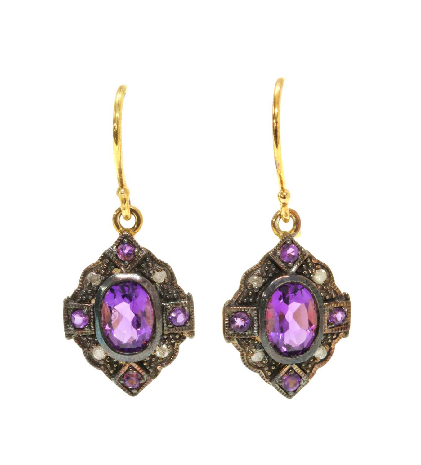 Lot 156 - A pair of silver and gold, amethyst and diamond drop earrings