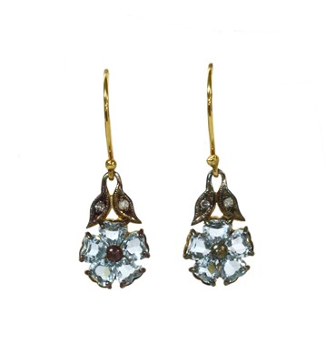 Lot 211 - A pair of silver and gold, blue topaz and diamond drop earrings