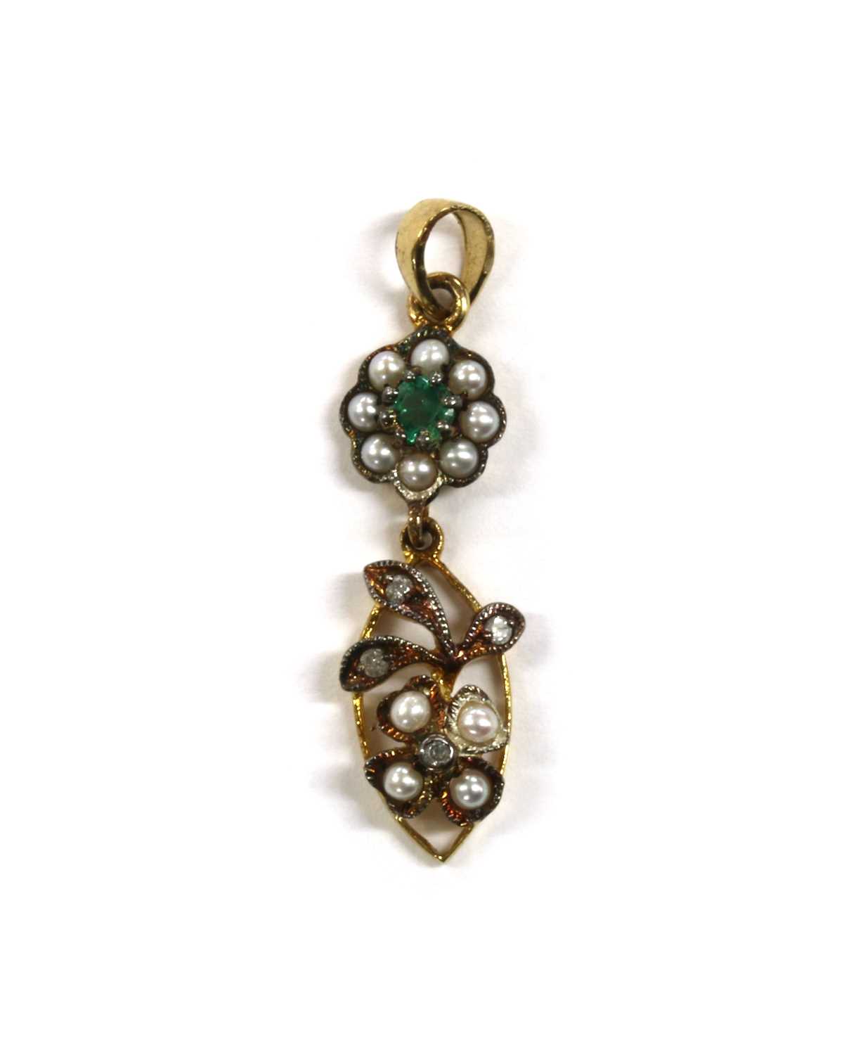 Lot 197 - A silver and gold, emerald, split pearl and diamond pendant