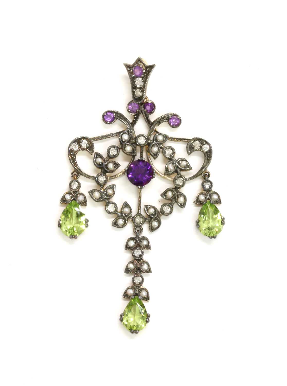 Lot 154 - A silver and gold, peridot, amethyst, split pearl and diamond pendant