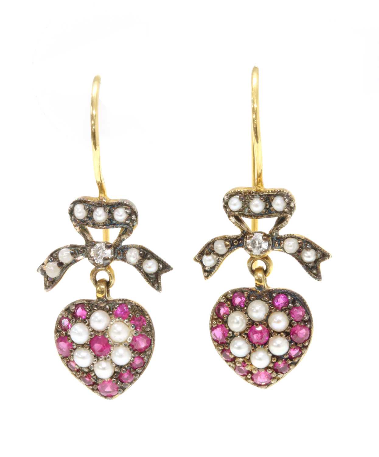 Lot 115 - A pair of silver and gold, ruby, diamond and split pearl drop earrings