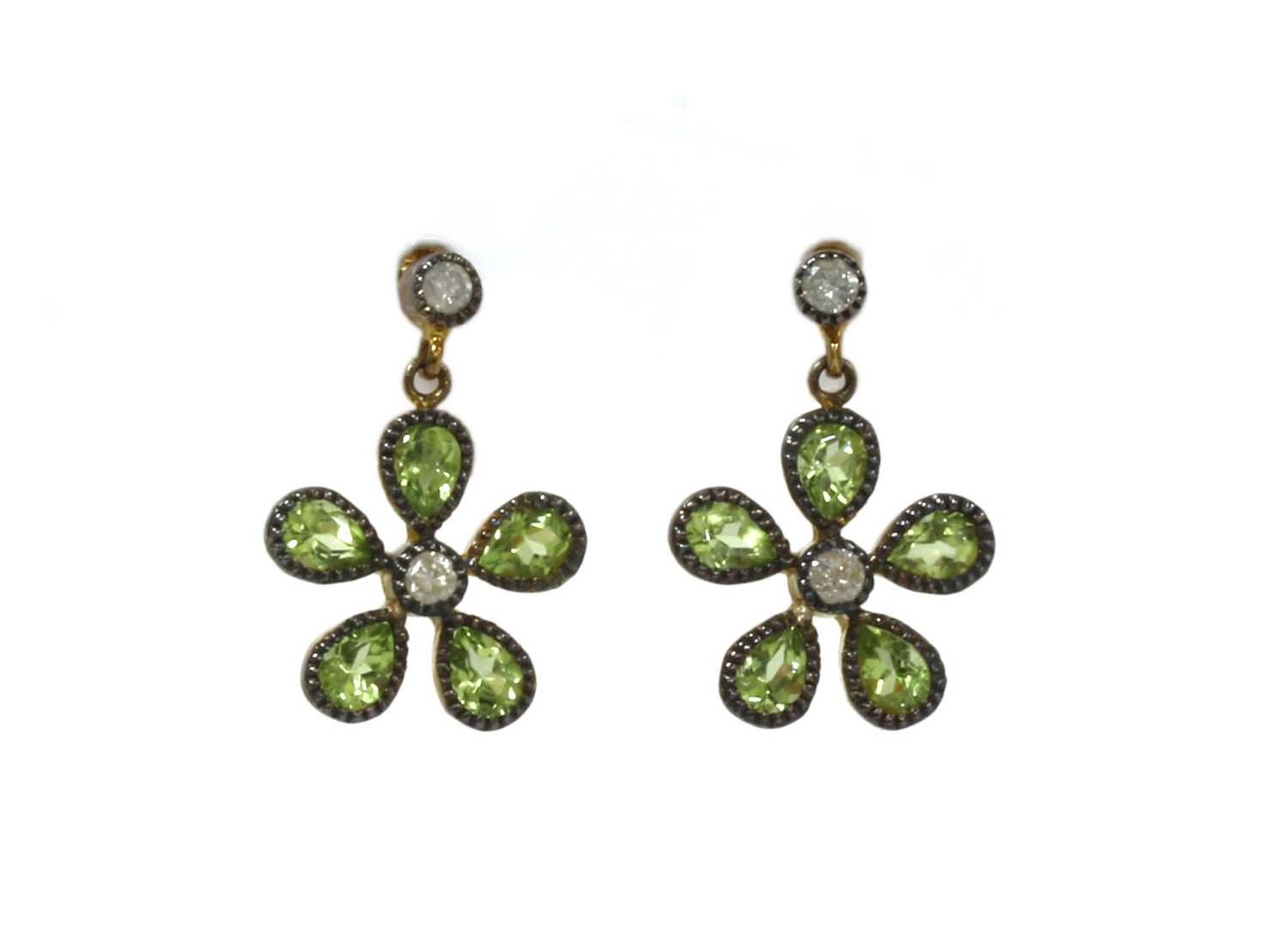 Lot 195 - A pair of silver and gold, peridot and diamond floral cluster earrings