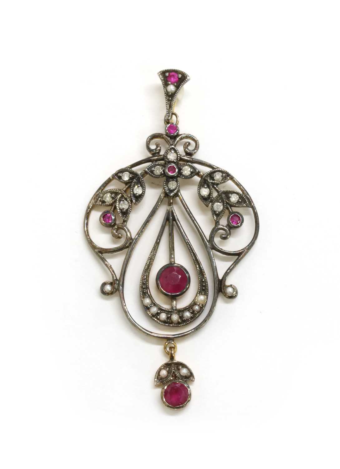 Lot 114 - A silver and gold, ruby, split pearl and diamond pendant