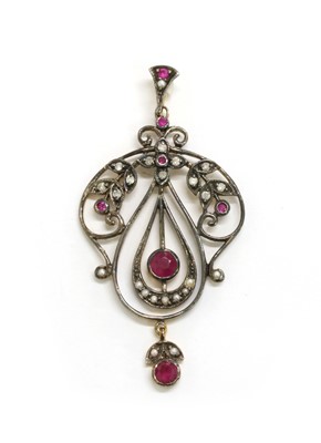 Lot 114 - A silver and gold, ruby, split pearl and diamond pendant