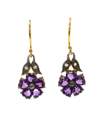 Lot 155 - A pair of silver and gold, amethyst and diamond drop earrings