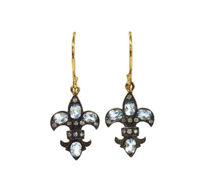 Lot 209 - A pair of silver and gold, blue topaz and diamond fleur-de-lys drop earrings