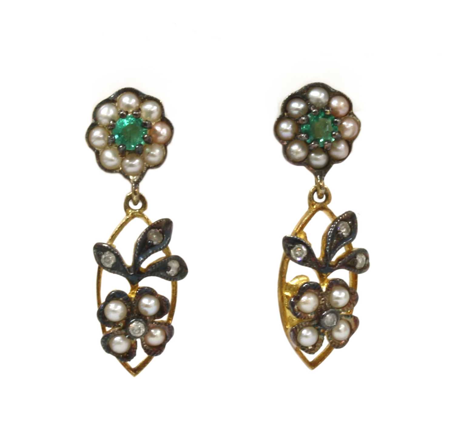 Lot 198 - A pair of silver and gold, emerald, split pearl and diamond drop earrings