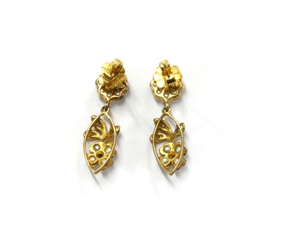 Lot 198 - A pair of silver and gold, emerald, split pearl and diamond drop earrings