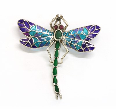 Lot 218 - A silver plique-à-jour enamel, ruby and emerald set dragonfly brooch/pendant
