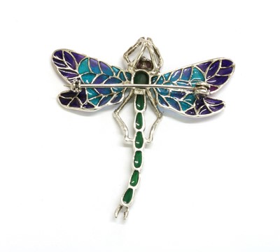 Lot 218 - A silver plique-à-jour enamel, ruby and emerald set dragonfly brooch/pendant