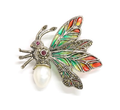 Lot 217 - A silver plique-à-jour enamel and assorted gemstone insect brooch