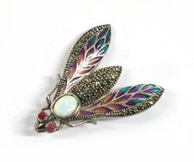 Lot 204 - A silver plique-à-jour enamel and assorted gemstone insect brooch/pendant