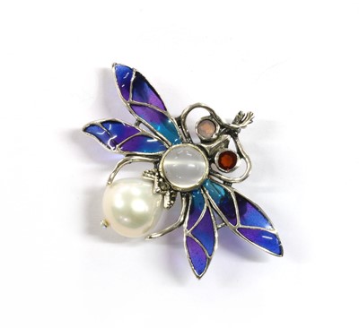 Lot 261 - A silver plique-à-jour enamel and assorted gemstone bee brooch/pendant