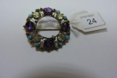 Lot 24 - A Regency gold amethyst, chrysolite and turquoise cannetille brooch/pendant