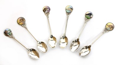 Lot 217 - A set of six greyhound silver and enamel coffee spoons
