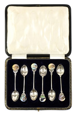 Lot 217 - A set of six greyhound silver and enamel coffee spoons
