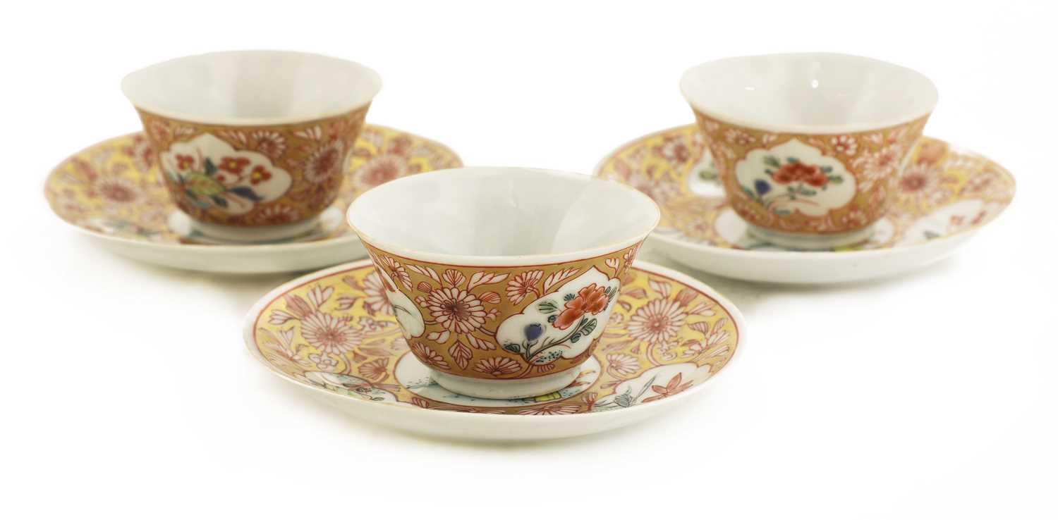 Lot 40 - A collection of three Chinese famille rose tea cups and saucers