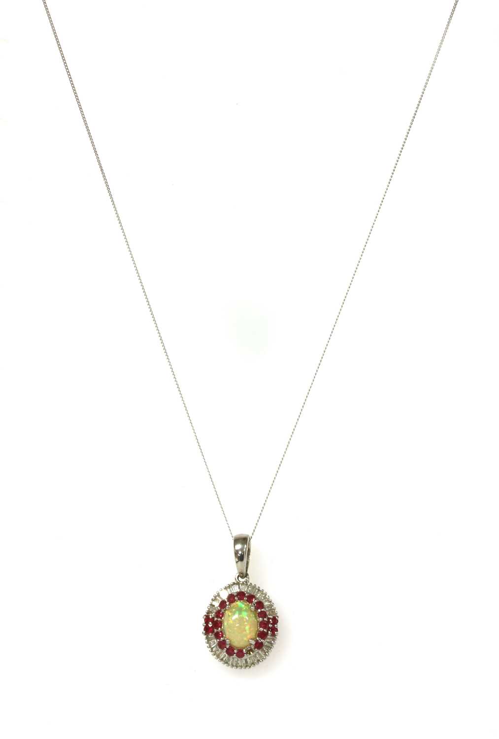 Lot 213 - A white gold opal, ruby and diamond pendant