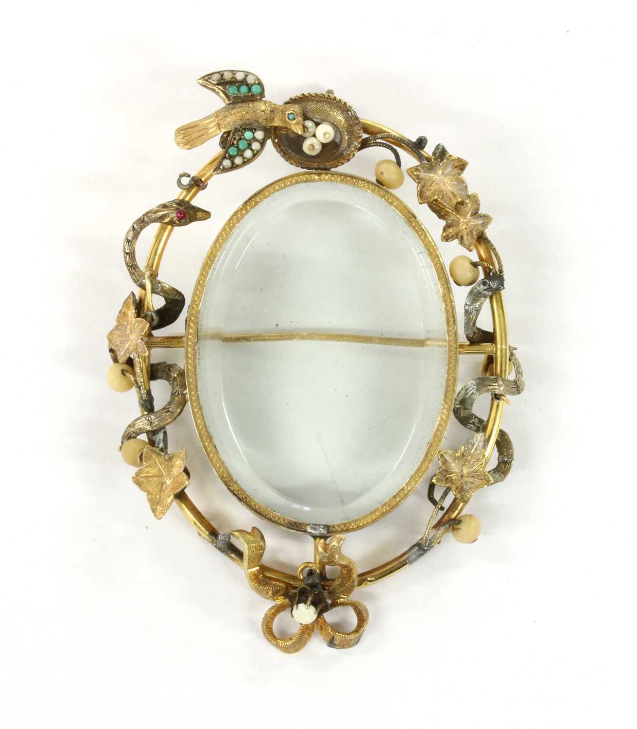 Lot 1007 - A Victorian gold turquoise, split pearl and pearl locket pendant/brooch