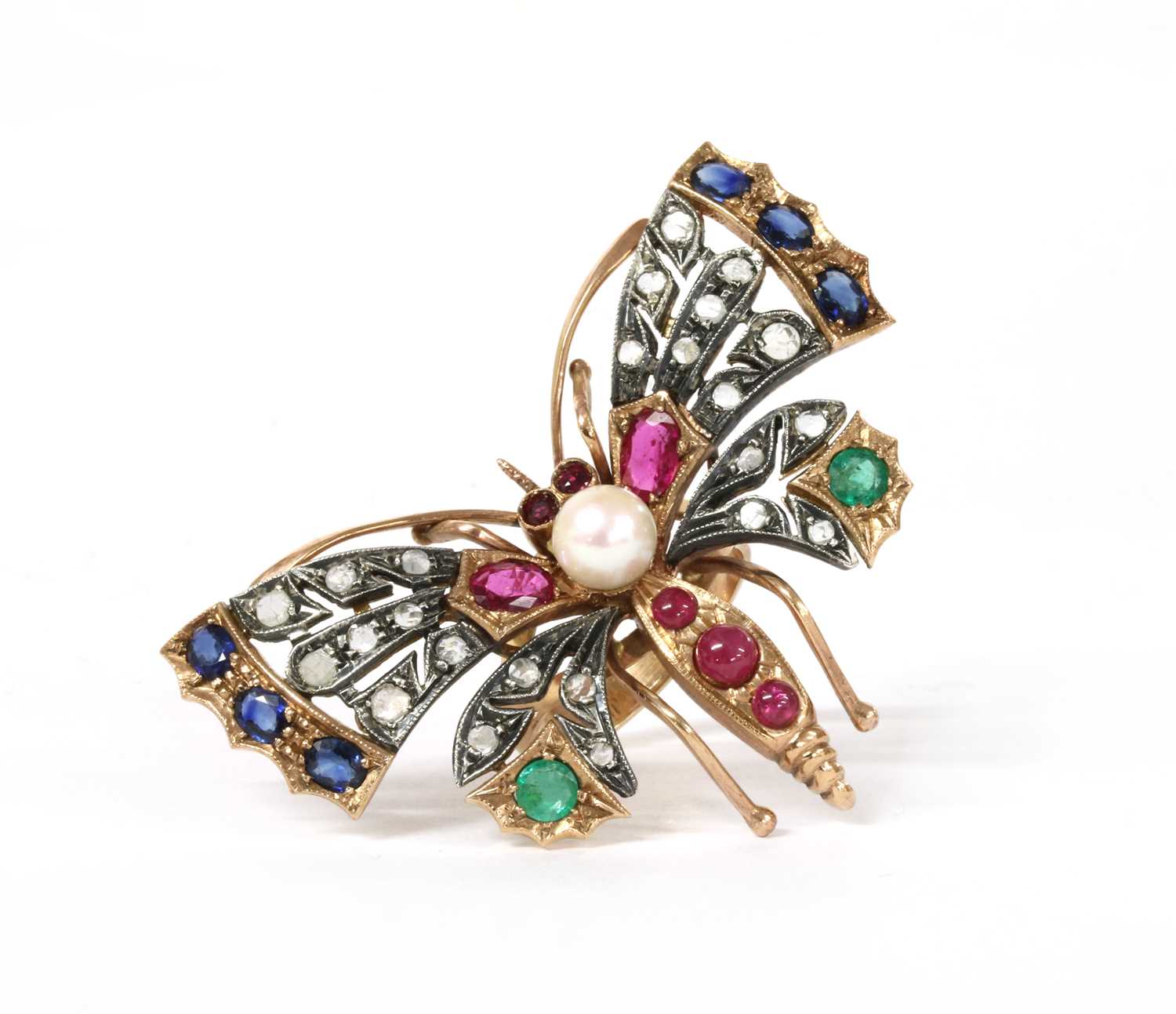 Lot 134 - A gold and silver, diamond and assorted gemstone butterfly ring