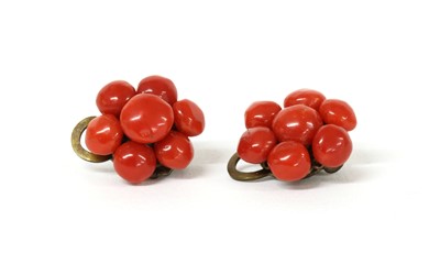 Lot 48 - A pair of metal coral cabochon cluster earrings