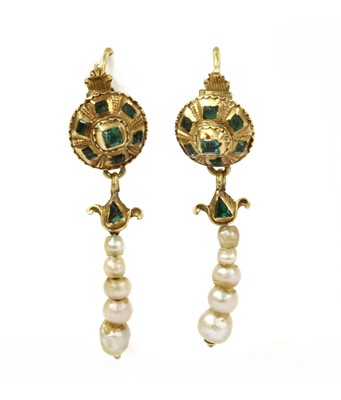 Lot 2 - A pair of Continental gold emerald and pearl drop earrings