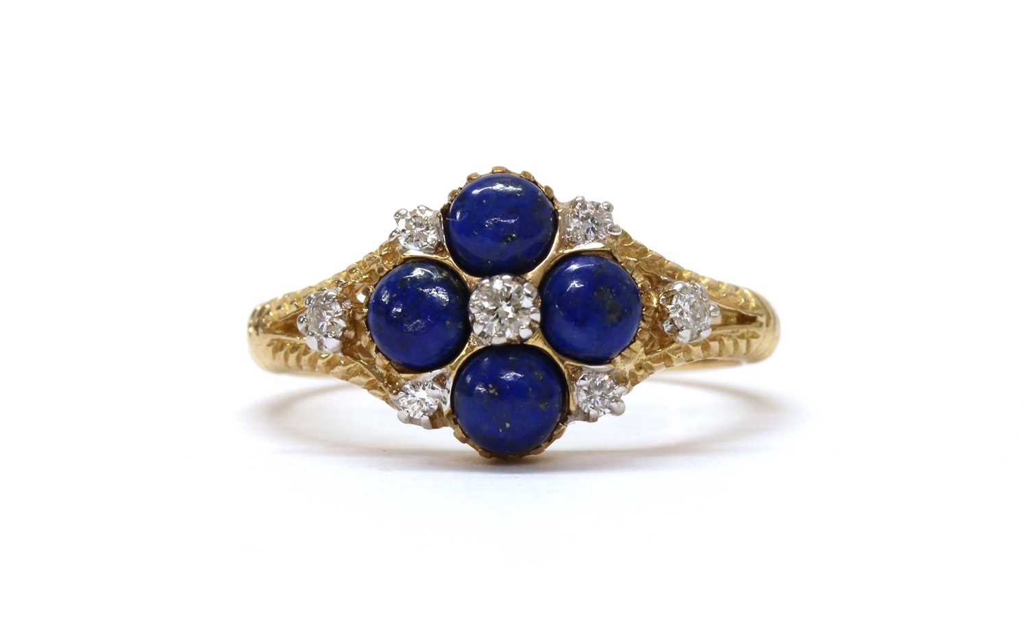 Lot 1303 - A 9ct gold diamond and lapis lazuli cluster ring