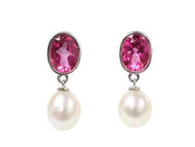 Lot 1228 - A pair of 9ct white gold pink topaz and cultured freshwater pearl drop earrings