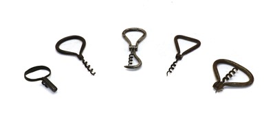 Lot 304 - Five metal folding bow corkscrews