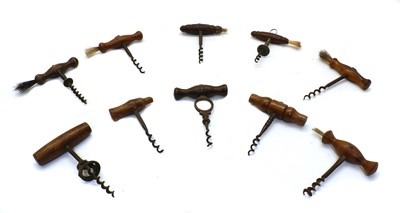Lot 298 - Ten various 'T' shape corkscrews with wooden handles