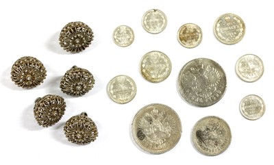 Lot 117 - A set of five antique Russian silver filigree buttons