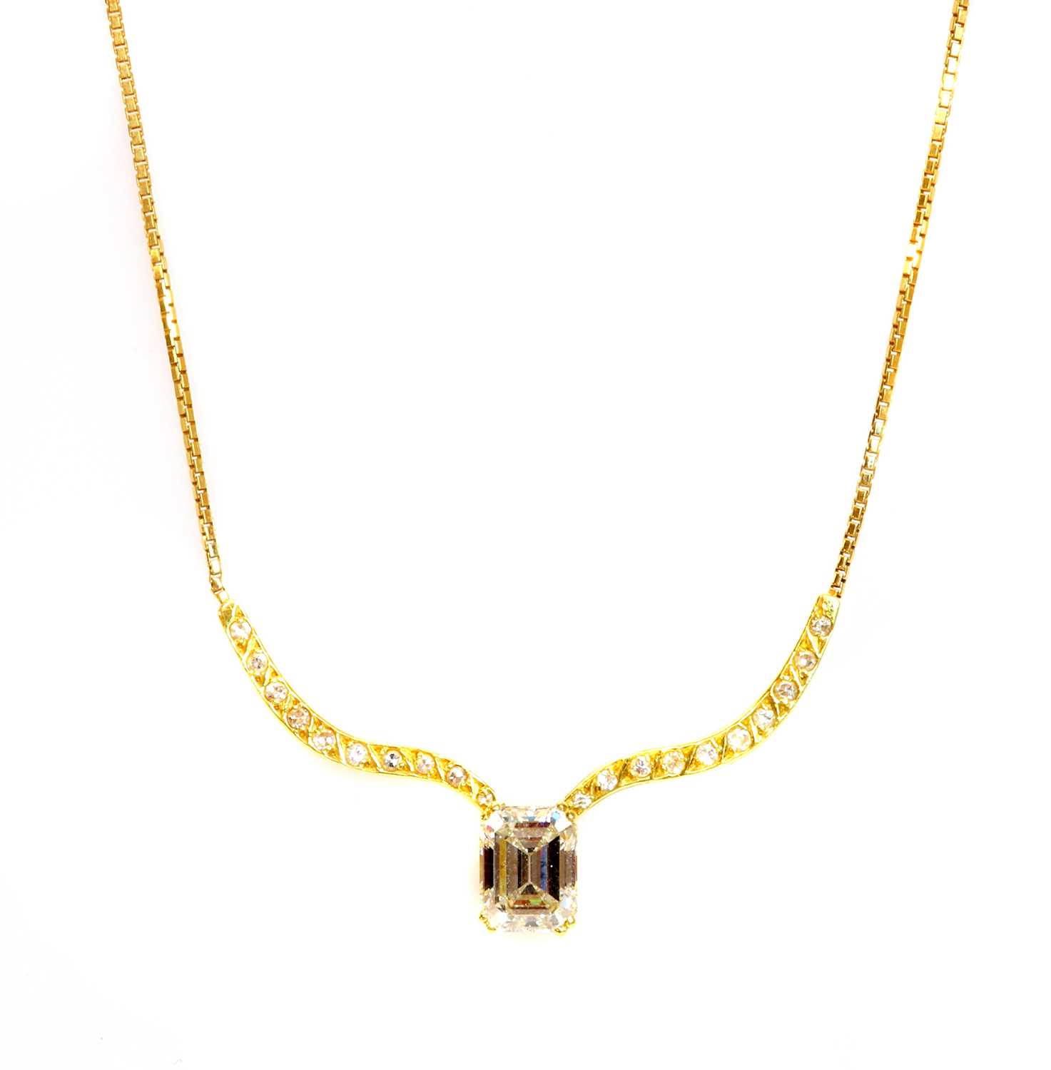 Lot 304 - An 18ct gold single stone diamond wishbone necklace, c.1980