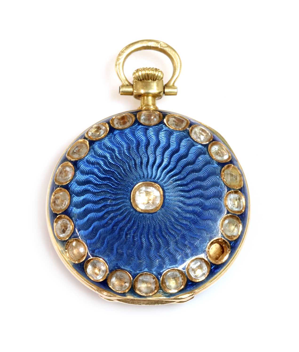 Lot 120 - A cased 18ct gold gem set and guilloché enamel fob watch