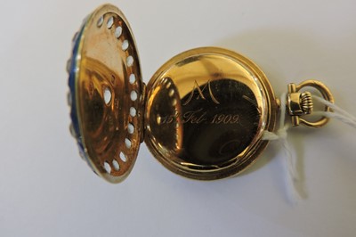 Lot 120 - A cased 18ct gold gem set and guilloché enamel fob watch