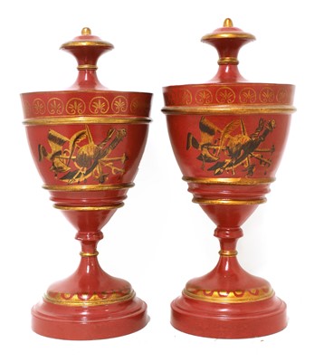 Lot 41 - A pair of Regency-style toleware urns