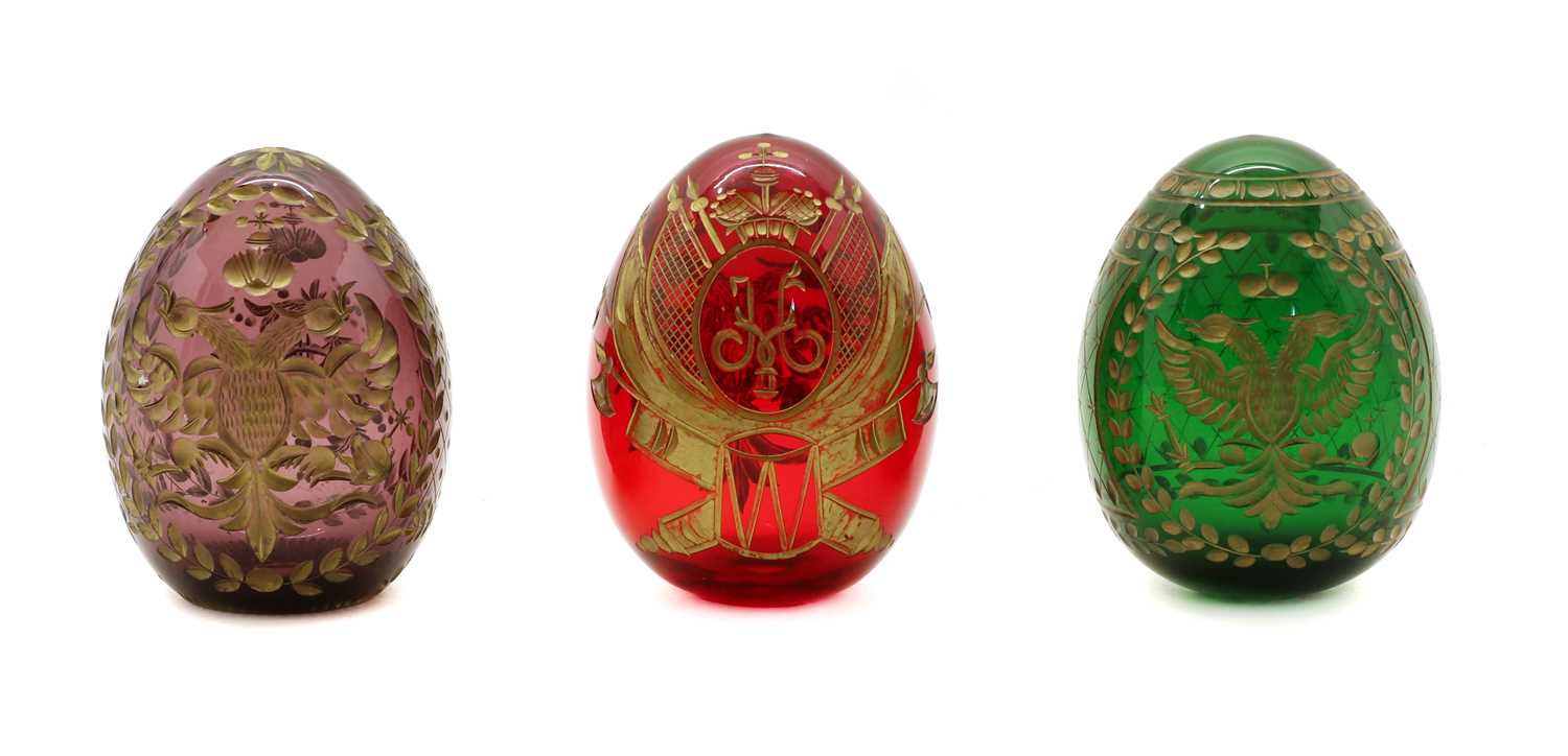 Lot 103 - Three ornamental glass eggs