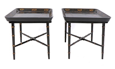Lot 39 - A pair of Regency-style papier mâché tray-top side tables